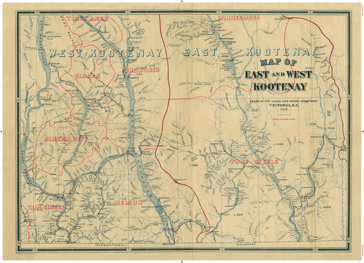 Cartolina Vintage Map of East and West Kootenay, 1909