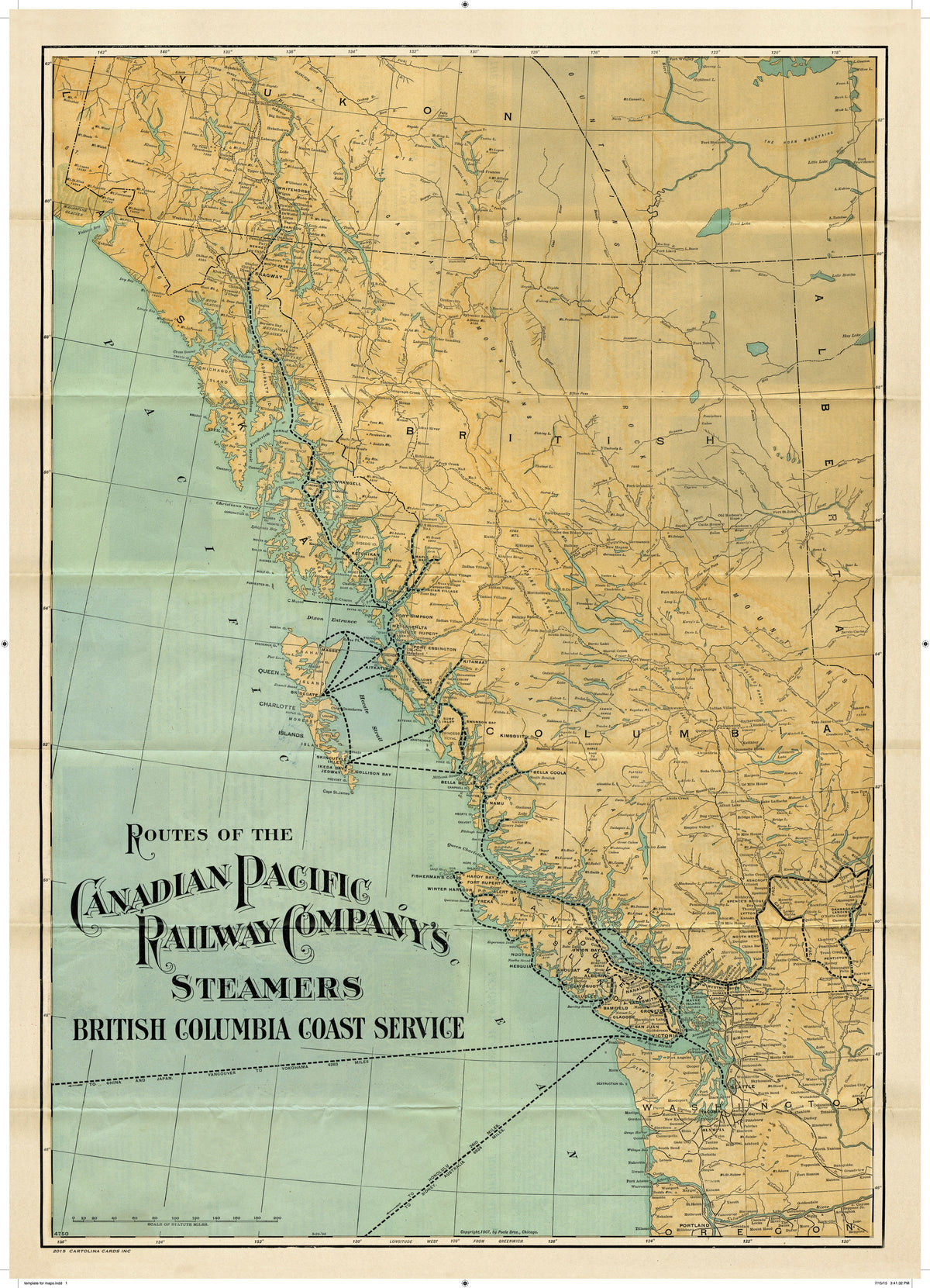 Cartolina Vintage Map - Routes of the Canadian Pacific Railway Company&#39;s Steamers, BC Coast Service