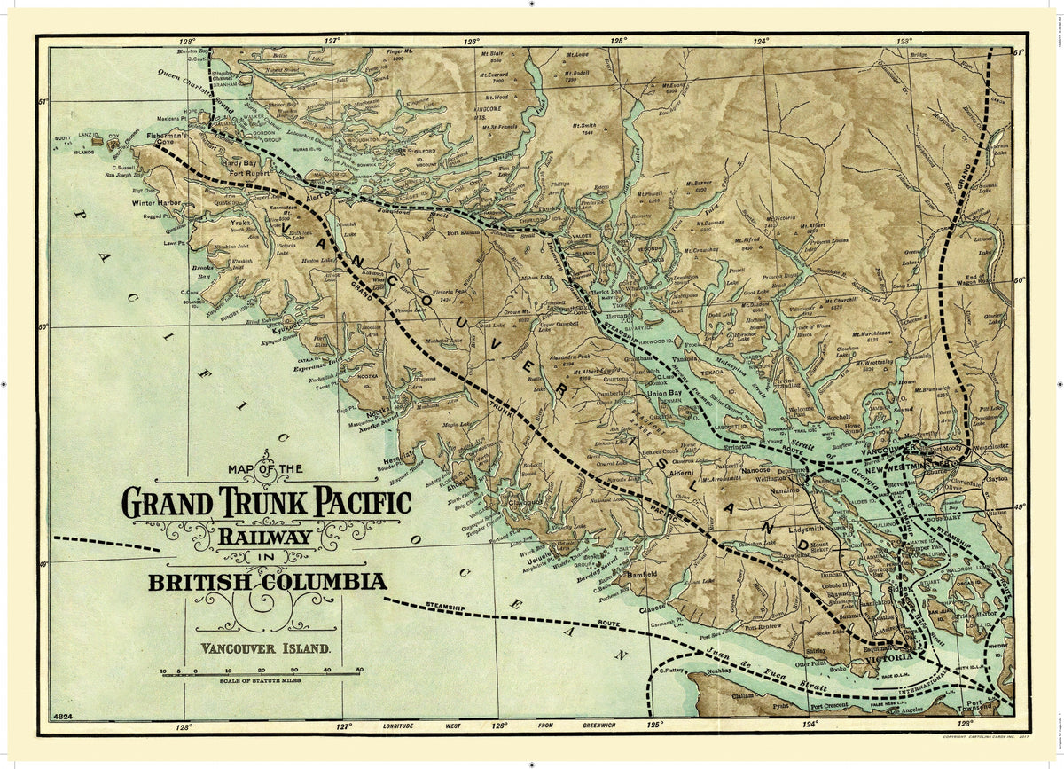 Cartolina Vintage Map - Grand Trunk Pacific Railway on Vancouver Island