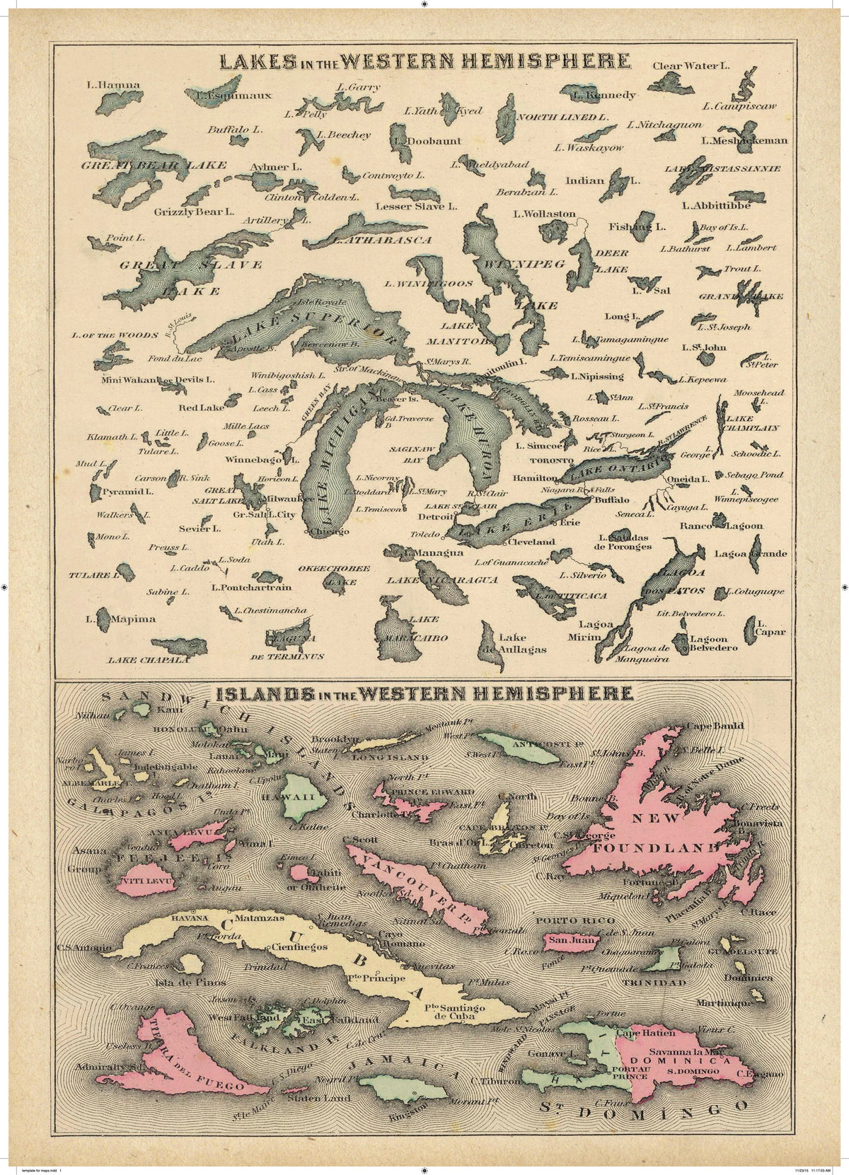 Cartolina Vintage Map - Lakes and Islands in the Western Hemisphere