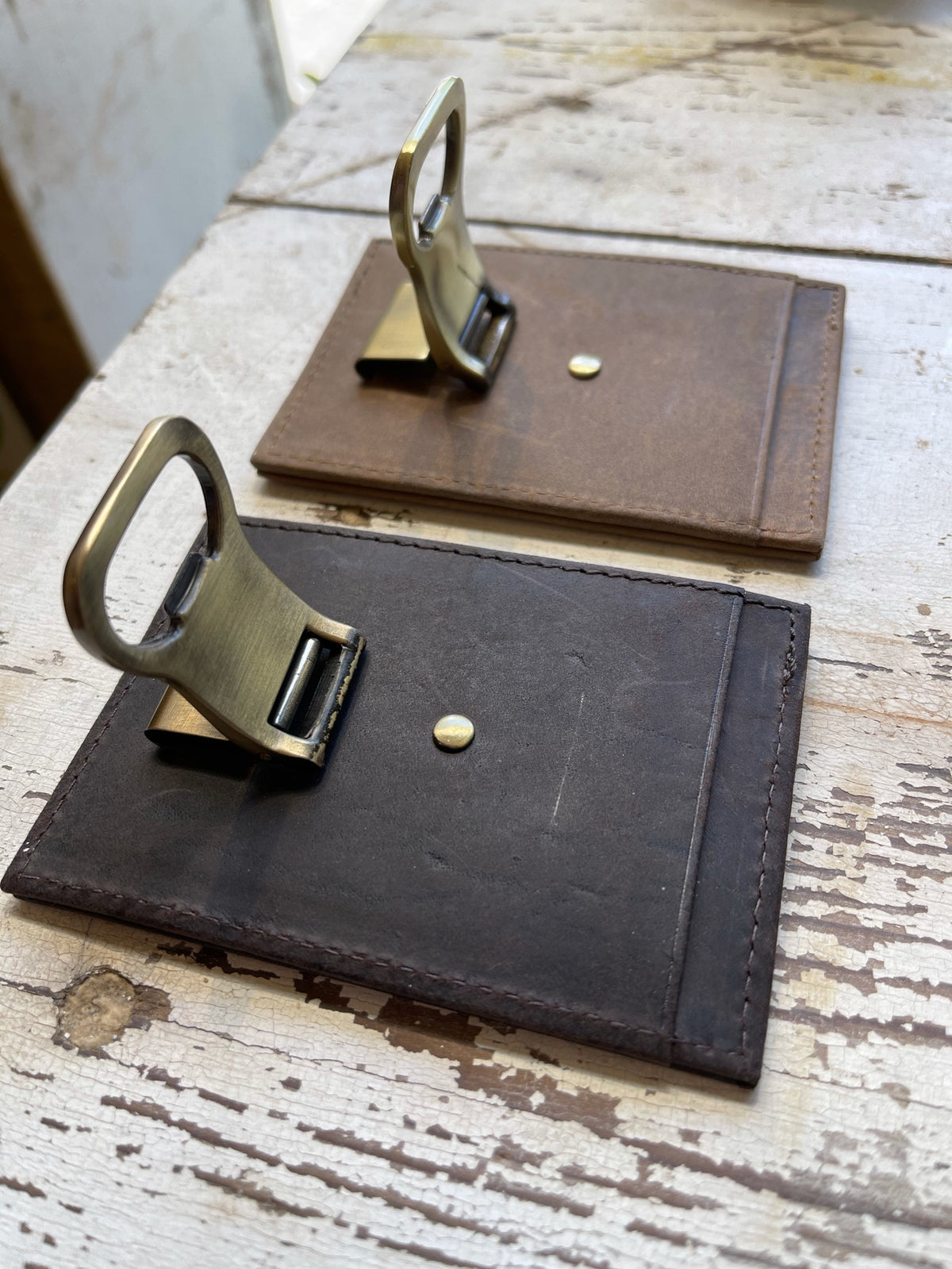 Brown Leather Money Clip Wallet with Bottle Opener