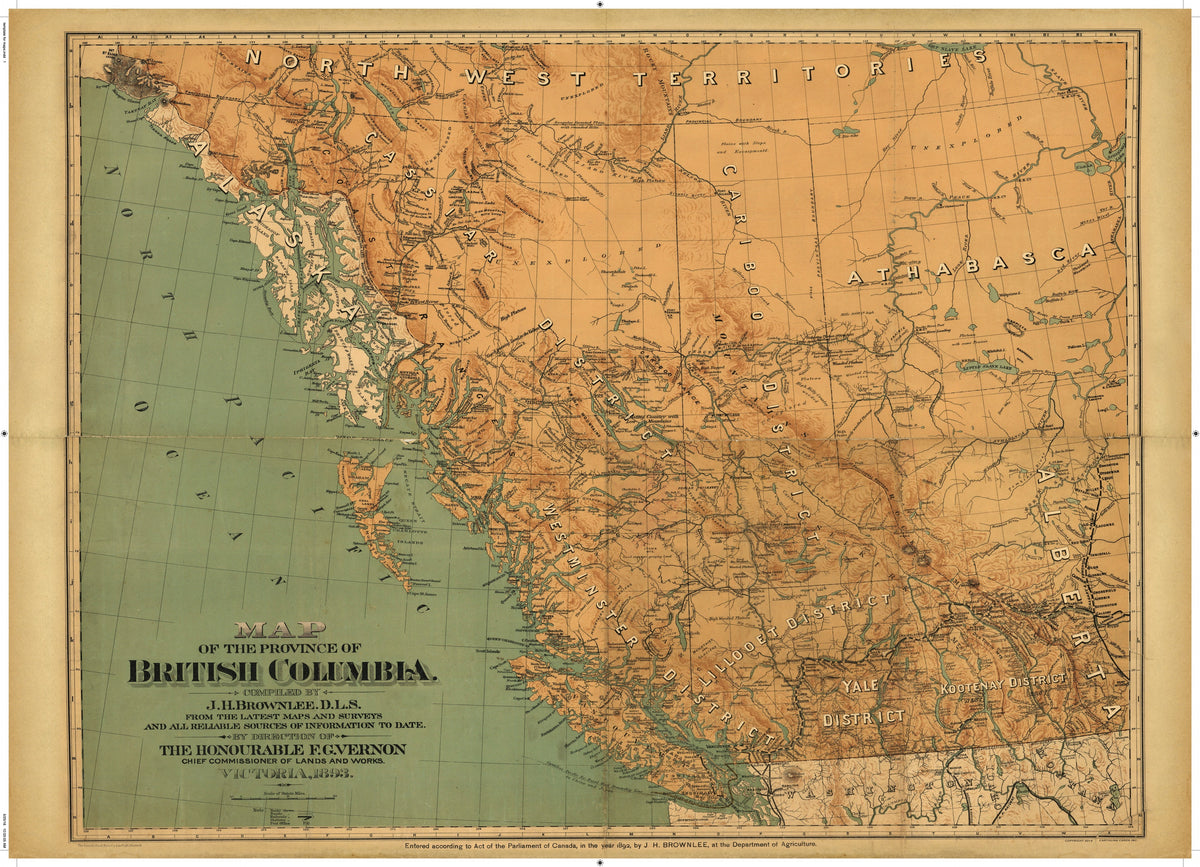 Cartolina Vintage Map of the Province of British Columbia, 1893