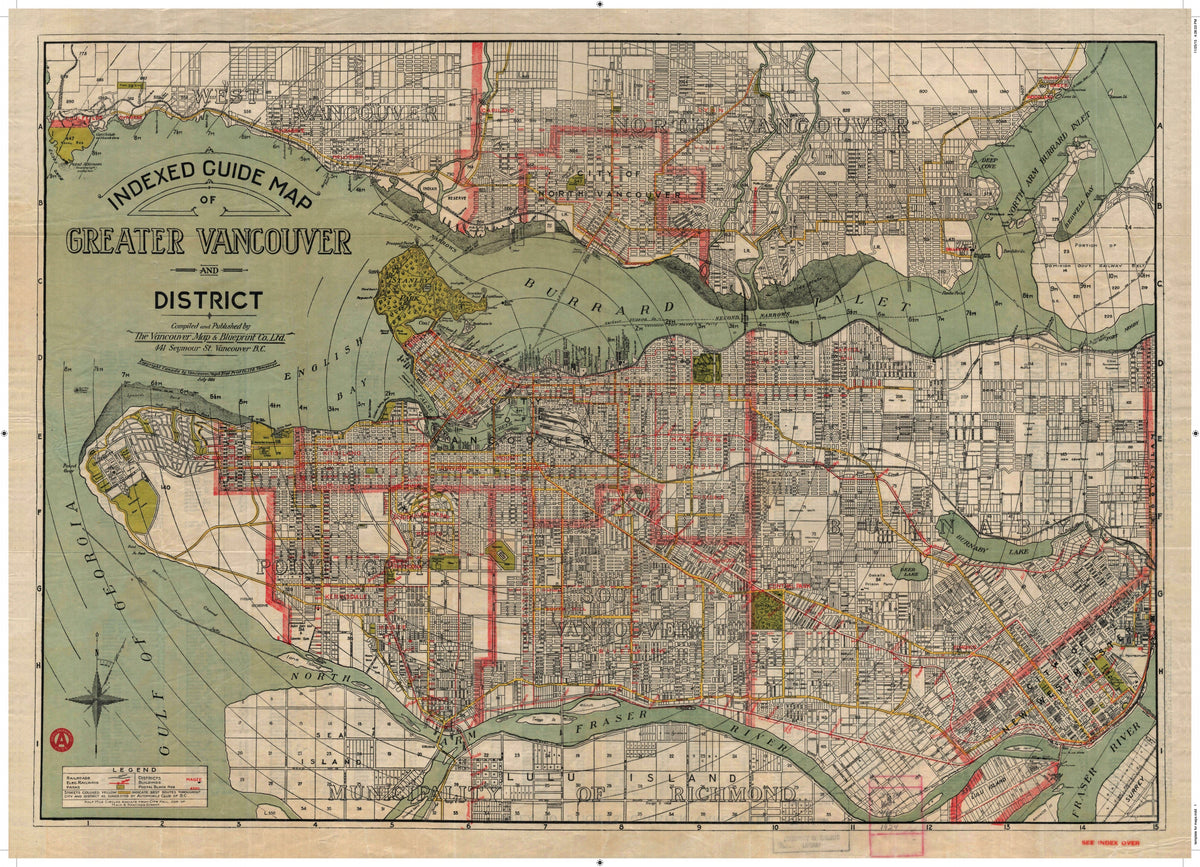 Cartolina Vintage Map - Indexed Guide Map of Greater Vancouver and District, 1924